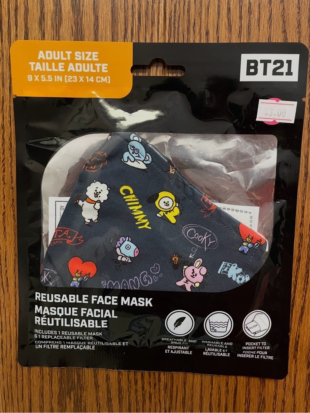 BT21 Reusable Face Mask - Navy with Character Print (unopened)